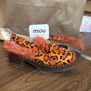 Mou Orange Leopard Clogs with Fur Trim
